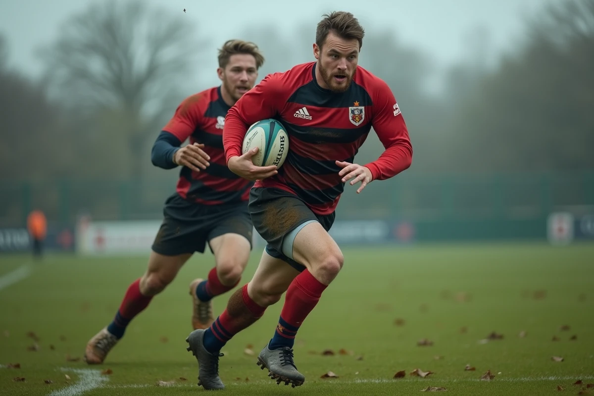 Joueur de rugby en action portant le ballon lors d'une rencontre de Fédérale 3 dans un stade amateur