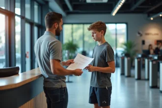 Adolescent consultant un formulaire d'inscription à la réception d'une salle de sport Basic Fit avec un conseiller adulte