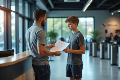 Adolescent consultant un formulaire d'inscription à la réception d'une salle de sport Basic Fit avec un conseiller adulte