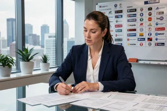 Agente sportive féminine analysant des contrats lors d'une négociation de transfert dans un bureau moderne