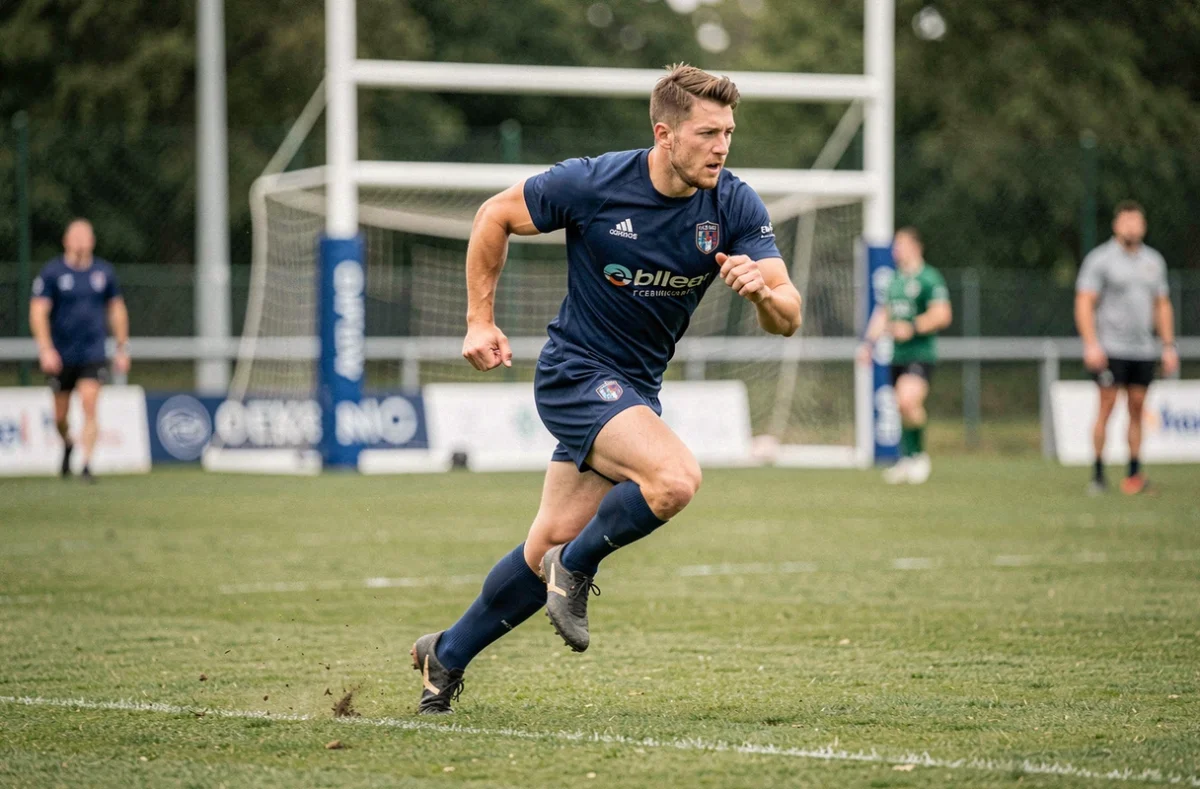 Ailier de rugby en plein sprint lors d'un entraînement au club, illustrant la performance sportive et la valeur contractuelle d'un joueur professionnel de l'Union Bordeaux Bègles
