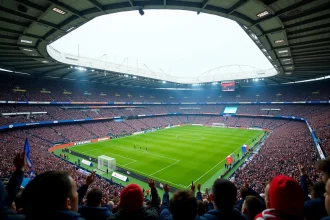 Vue grand angle d'un stade de football français rempli de supporters colorés représentant l'ambiance des grandes rivalités de l'OL