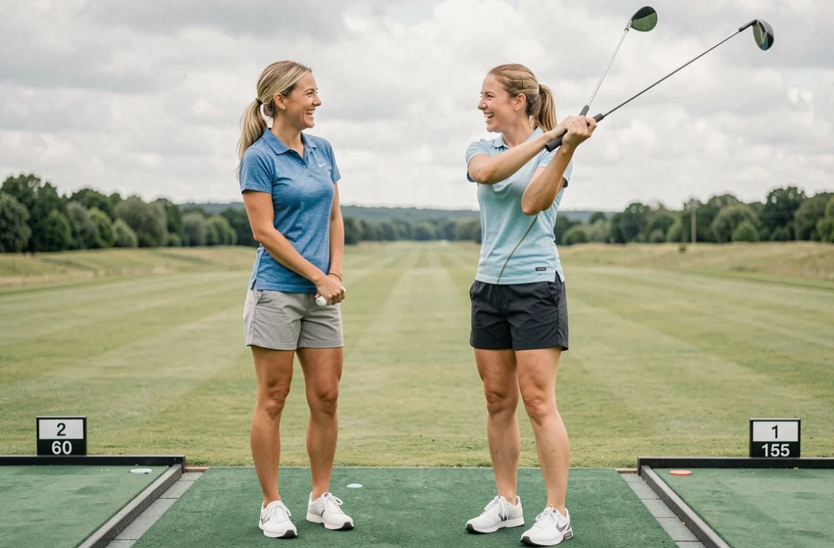 Deux amies débutantes riant ensemble au practice de golf après leur premier swing avec un driver
