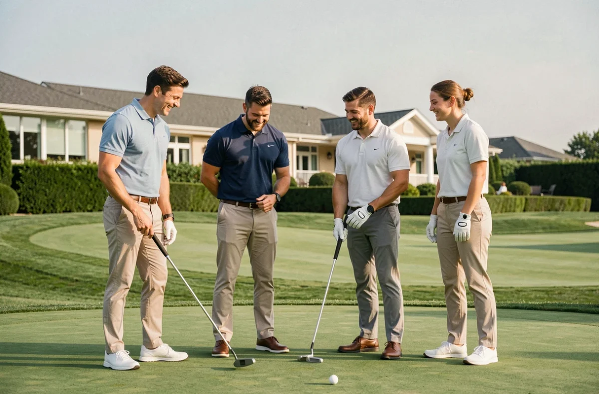 Groupe d'amis débutants prenant un cours de golf sur le green avec un instructeur, ambiance conviviale et détendue