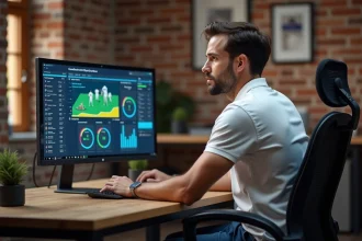 Homme analysant des statistiques sportives en temps réel sur un grand écran incurvé dans un bureau moderne