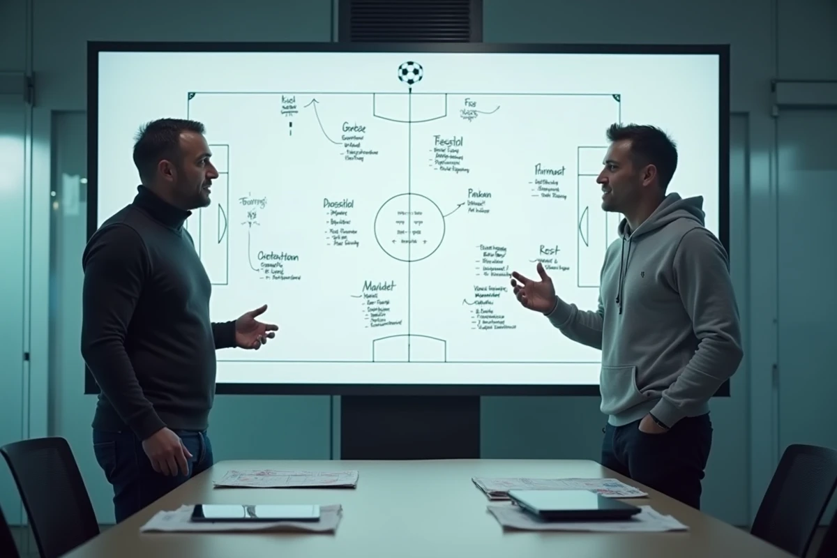 Deux analystes football discutant des tactiques du FC Barcelone devant un tableau blanc dans une salle de stratégie