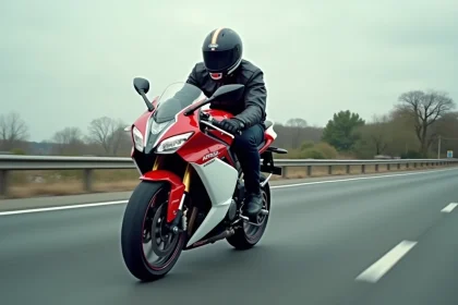 Aprilia RS 125 en pleine vitesse sur autoroute française, pilote en position aérodynamique