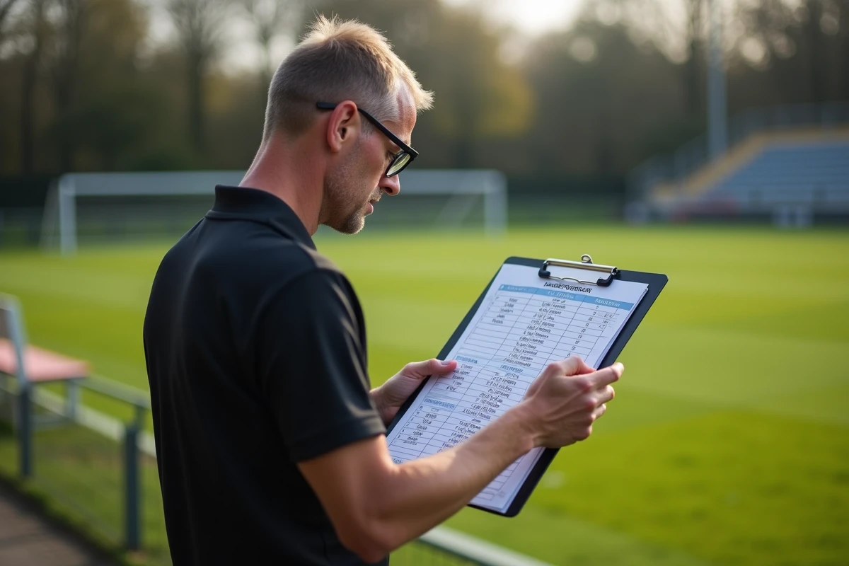 Arbitre de football consultant le calendrier du championnat de district Haute-Loire en bord de touche