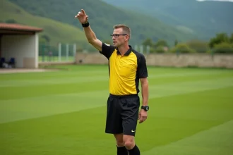 Arbitre de football amateur en action sur un terrain de la Drôme Ardèche, sifflant une faute lors d'un match officiel