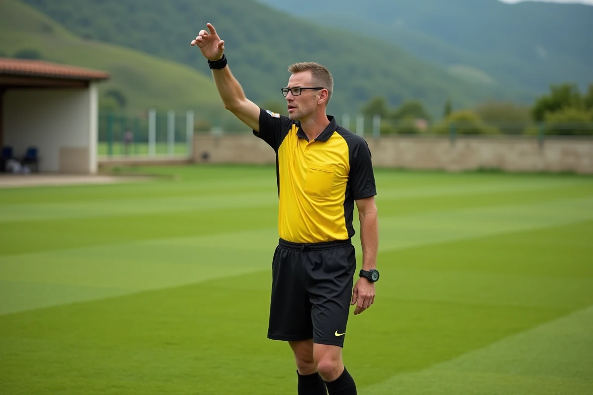 Arbitre de football amateur en action sur un terrain de la Drôme Ardèche, sifflant une faute lors d'un match officiel