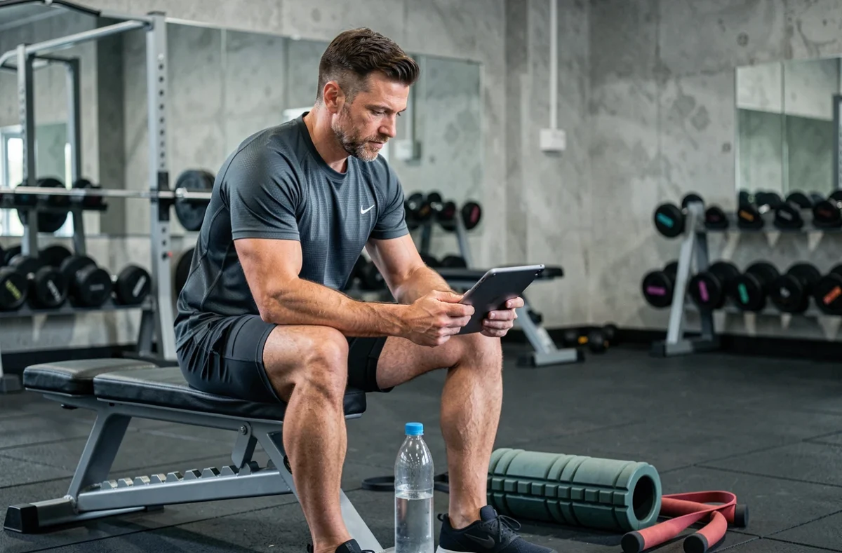 Sportif assis sur un banc de gym consultant ses données d'entraînement sur une tablette avec du matériel de récupération posé à côté
