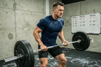 Athlète CrossFit masculin soulevant une barre chargée dans une salle de sport industrielle lors de l'Open CrossFit 2026