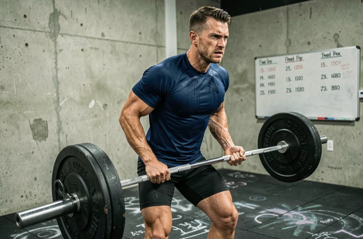 Athlète CrossFit masculin soulevant une barre chargée dans une salle de sport industrielle lors de l'Open CrossFit 2026