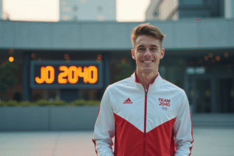 Jeune athlète en survêtement olympique Jo 2040 souriant