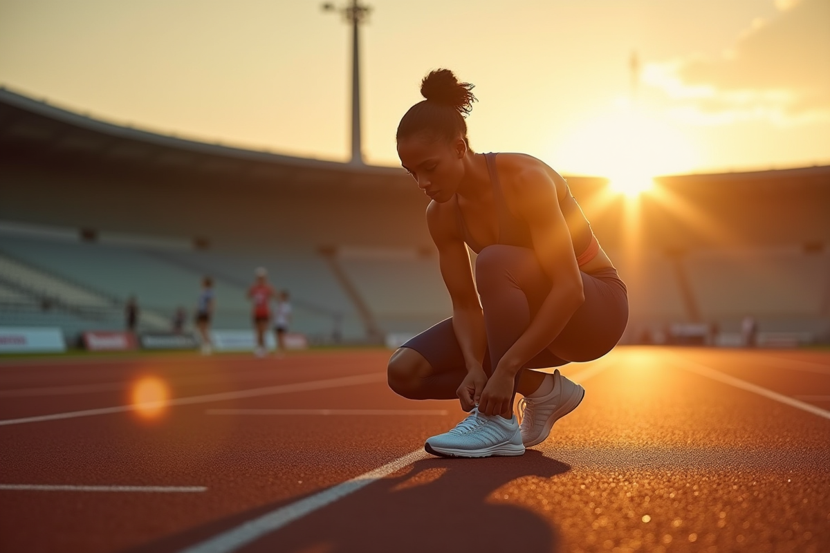 Athlète seul nouant ses lacets au lever du soleil
