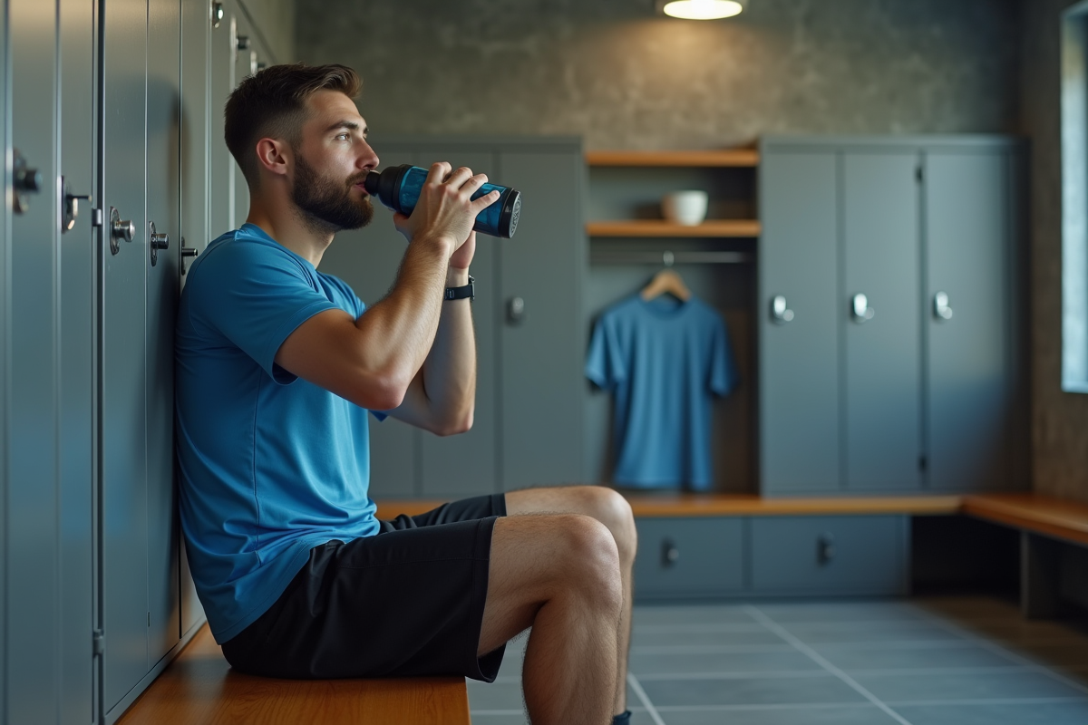Jeune athlète en pause dans un vestiaire moderne