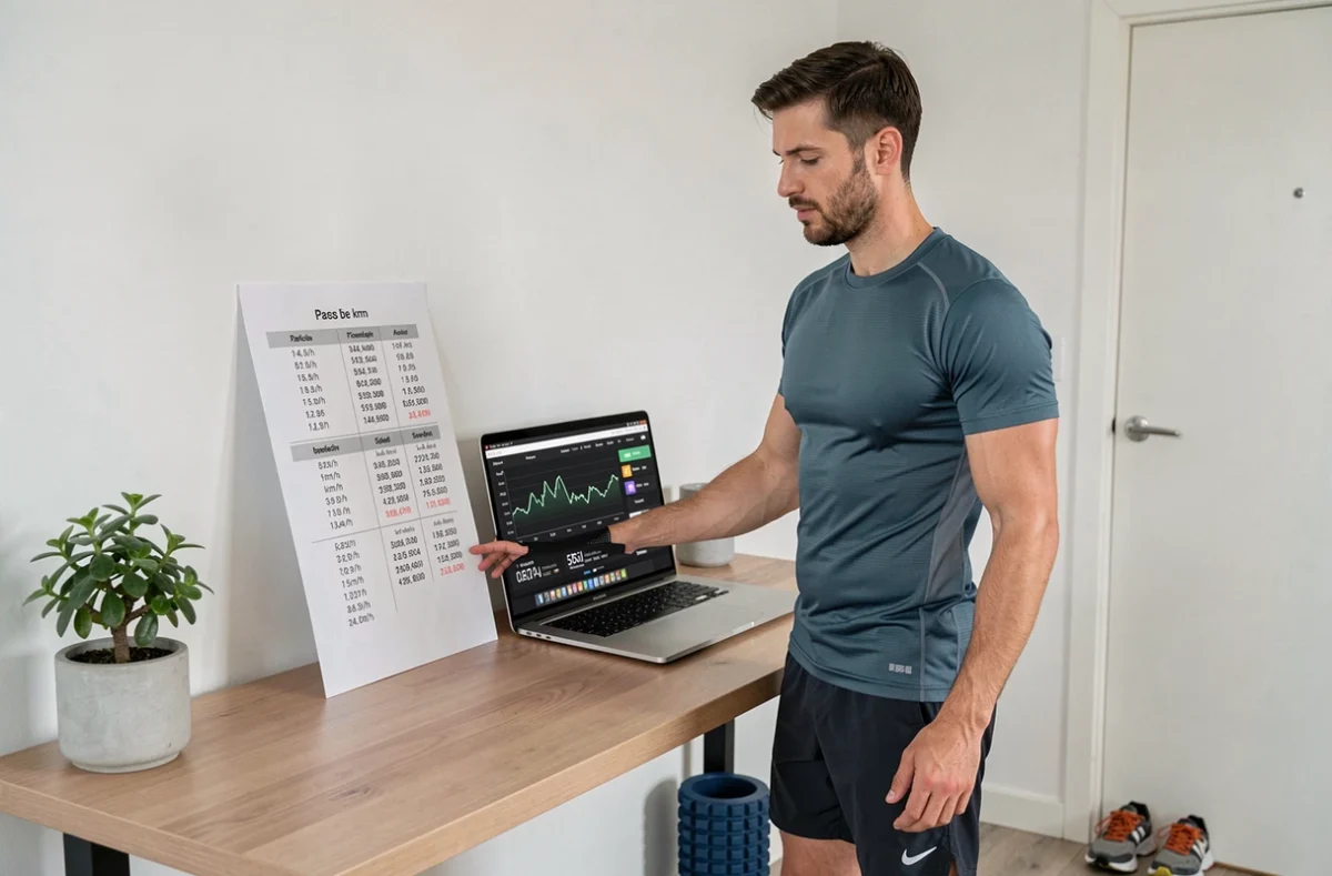 Athlète analysant un tableau de calcul d'allures kilomètre heure sur son bureau à domicile