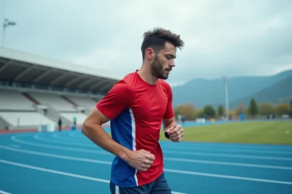 Jeune athlète courant vérifiant sa montre connectée