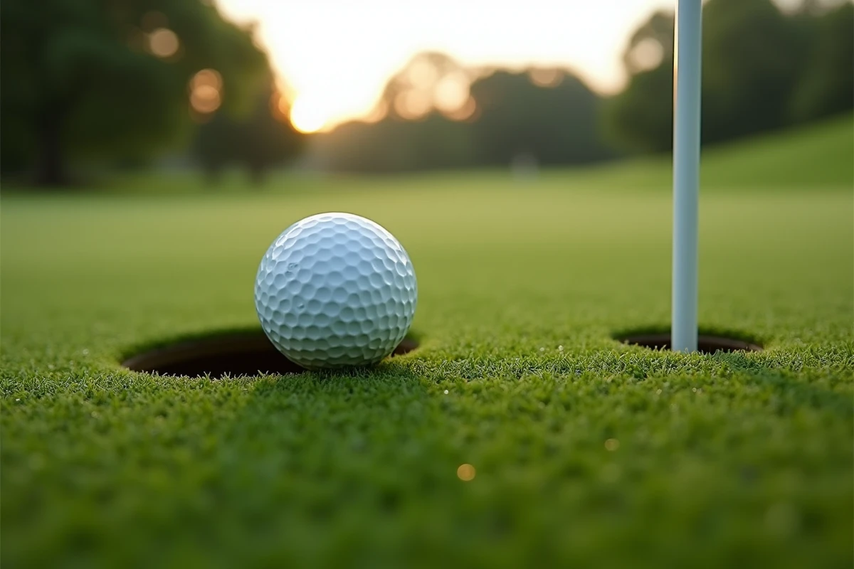 Balle de golf roulant vers le trou sur un putting green avec drapeau blanc