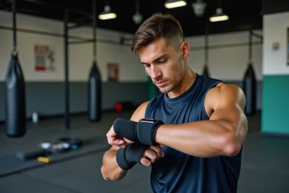 Jeune boxeur examinant un bracelet connecté lors d'une pause