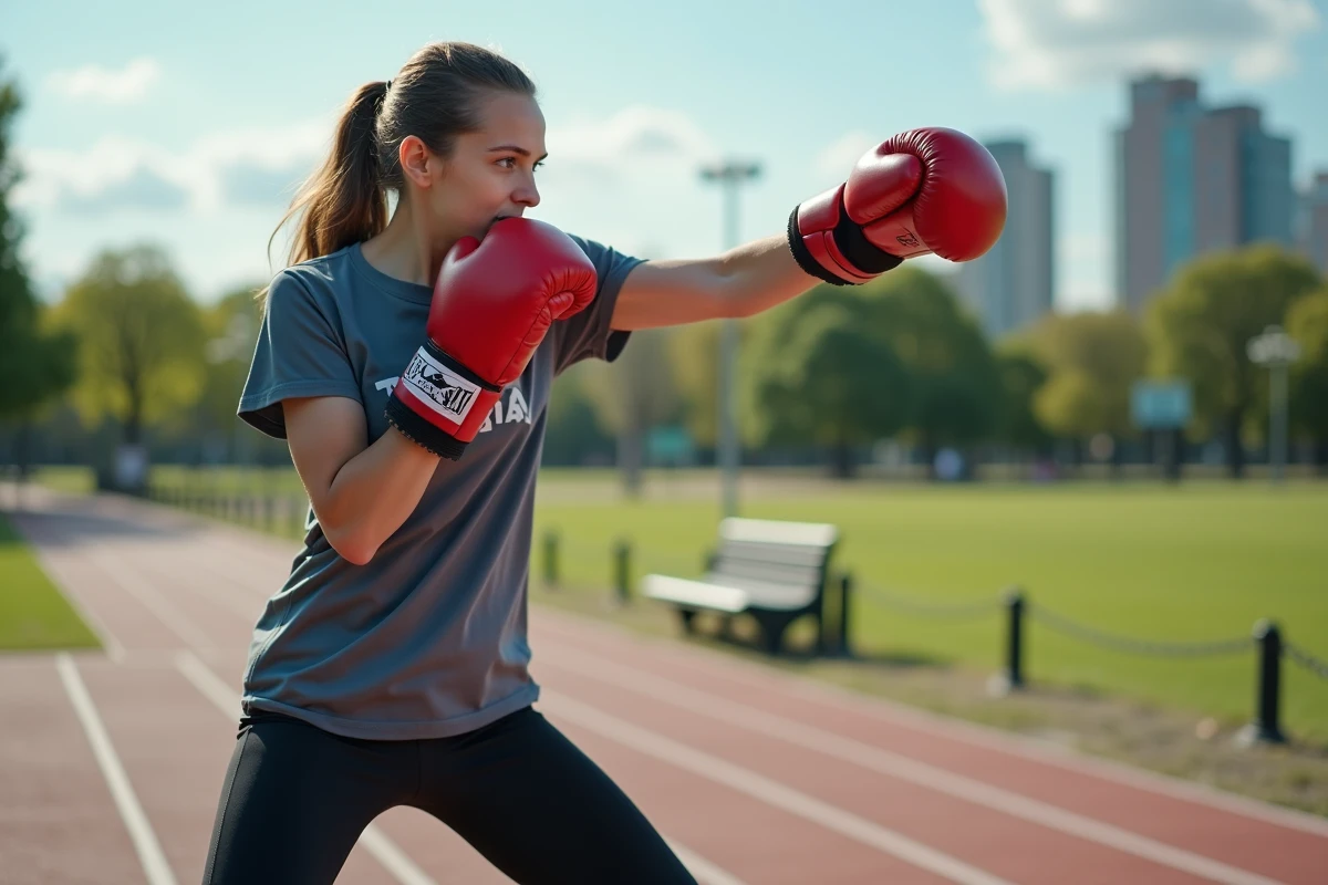 Jeune boxeuse en pleine shadowboxing dans un parc en extérieur