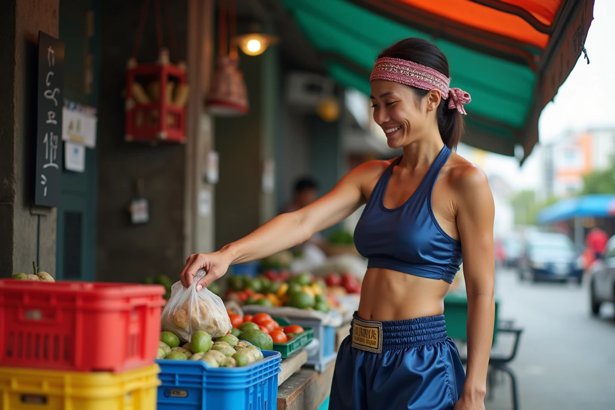 Boxeuse thaï championne gérant un stand de marché pour compléter ses revenus sportifs, portrait documentaire sur la vie professionnelle des combattants en 2026