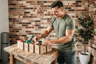 Homme sportif préparant un calendrier de l'Avent éco-responsable avec des articles de fitness durables sur une table en bois recyclé