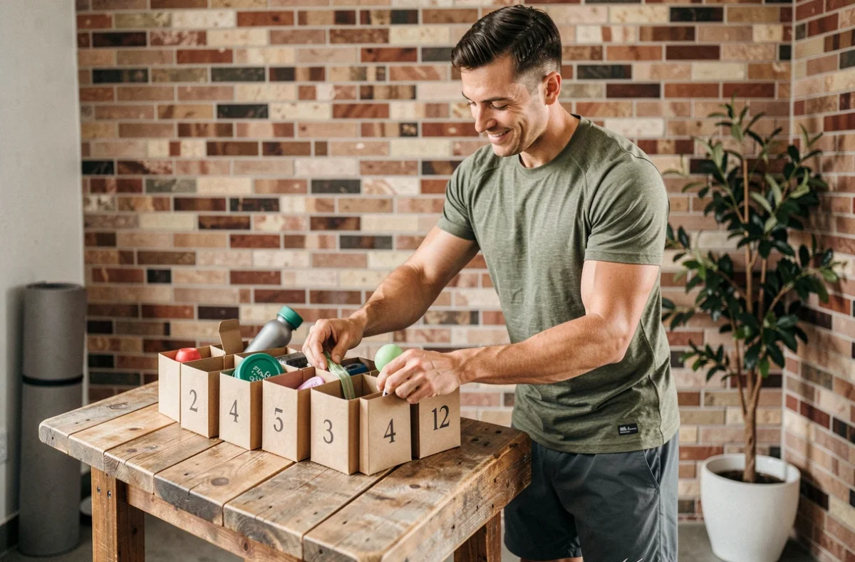 Homme sportif préparant un calendrier de l'Avent éco-responsable avec des articles de fitness durables sur une table en bois recyclé