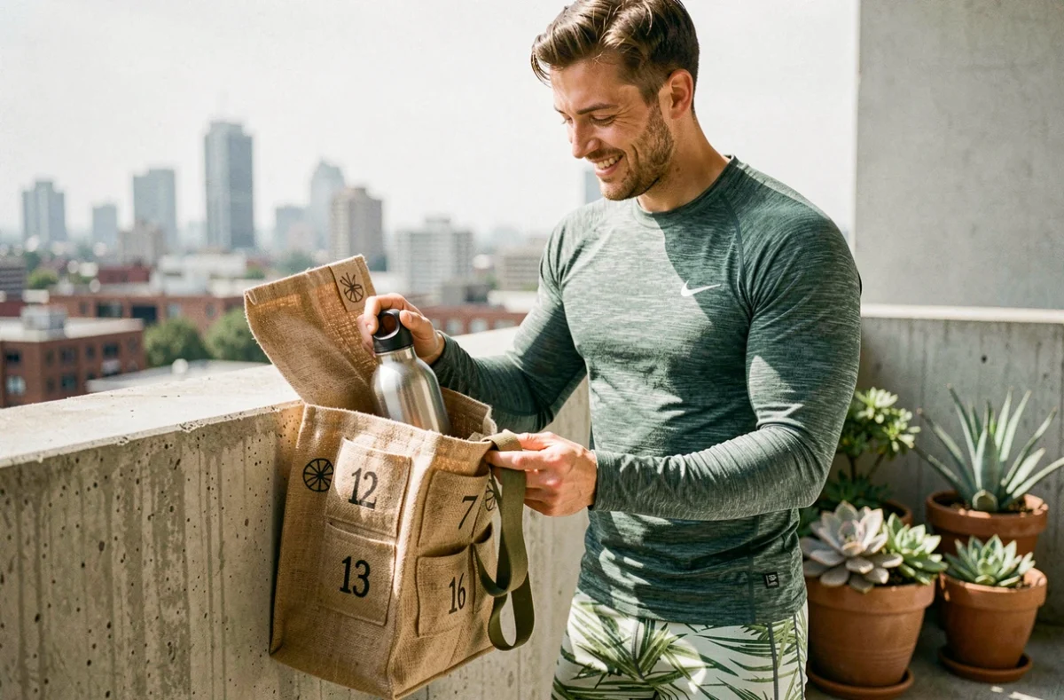 Sportif découvrant le contenu d'un calendrier de l'Avent éco-responsable avec accessoires de sport durables sur un balcon urbain