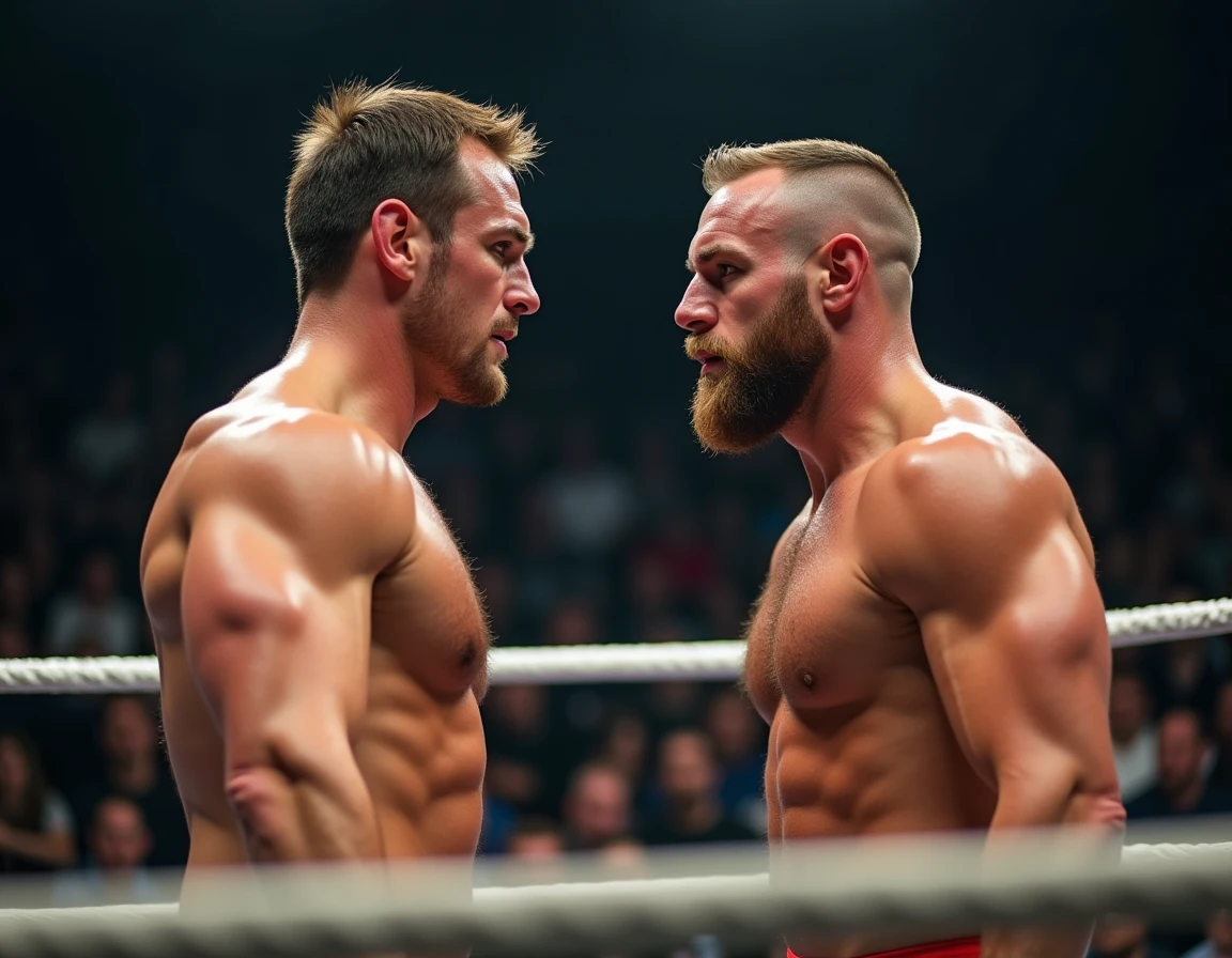 Deux catcheurs professionnels face à face dans un ring de catch, incarnant la transmission d'un héritage sportif