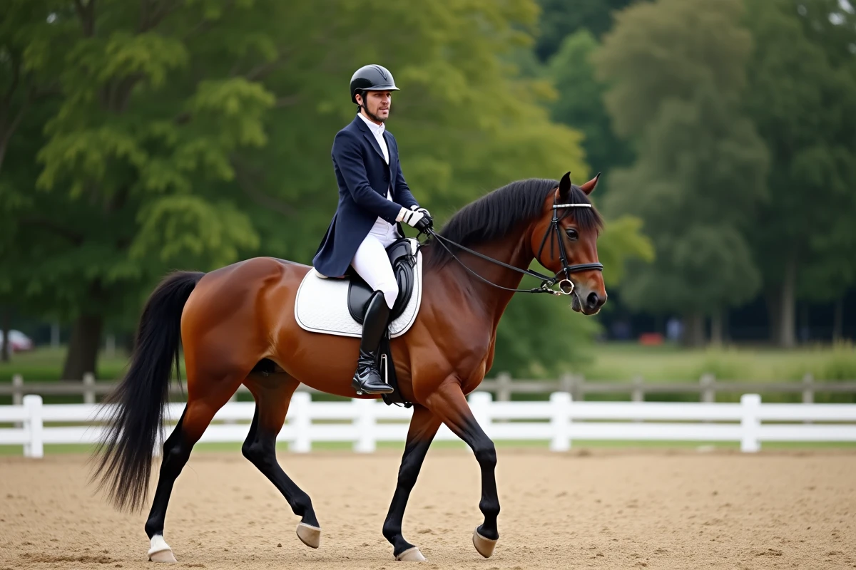 Cavalier expérimenté guidant son cheval en extérieur
