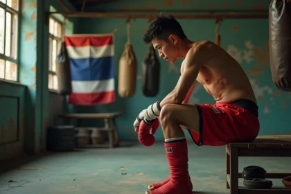 Champion de boxe thaï assis seul dans une salle d'entraînement vieillissante, regard méditatif, illustrant la réalité financière des sportifs de combat en 2026