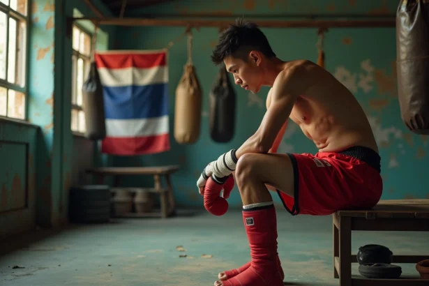 Champion de boxe thaï assis seul dans une salle d'entraînement vieillissante, regard méditatif, illustrant la réalité financière des sportifs de combat en 2026