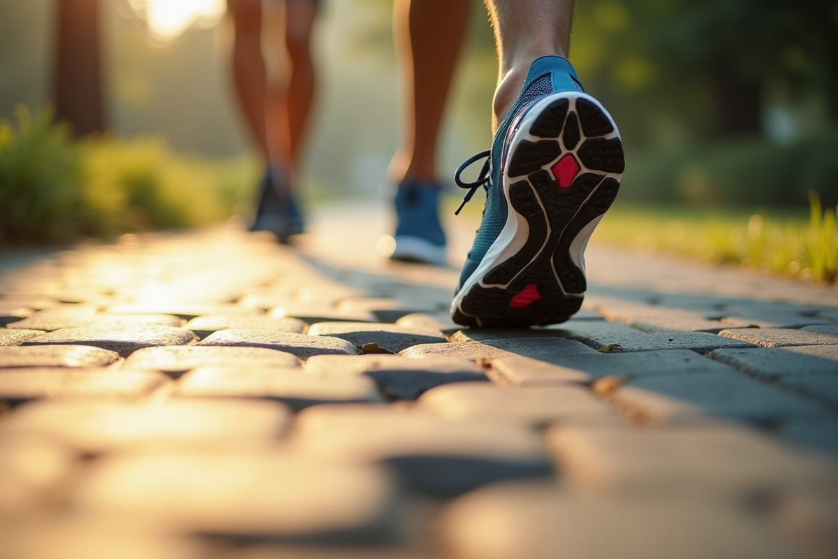 Chaussures de course sur le trottoir avec empreintes au sol au matin