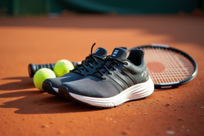 Chaussures de course modernes sur court de tennis en terre