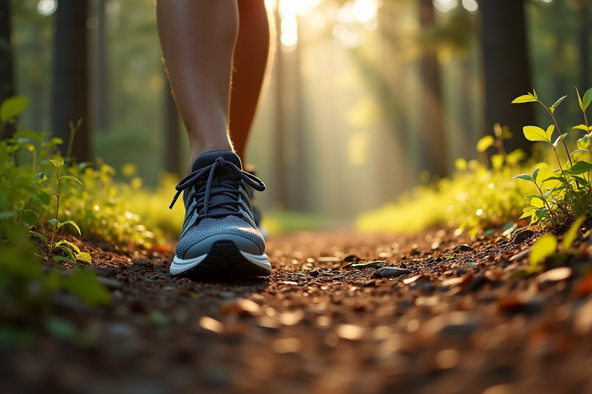 Chaussures de sport sur un sentier en forêt avec lumière douce