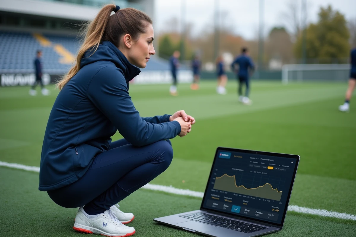 Entraîneuse analysant des données sur un ordinateur au bord du terrain