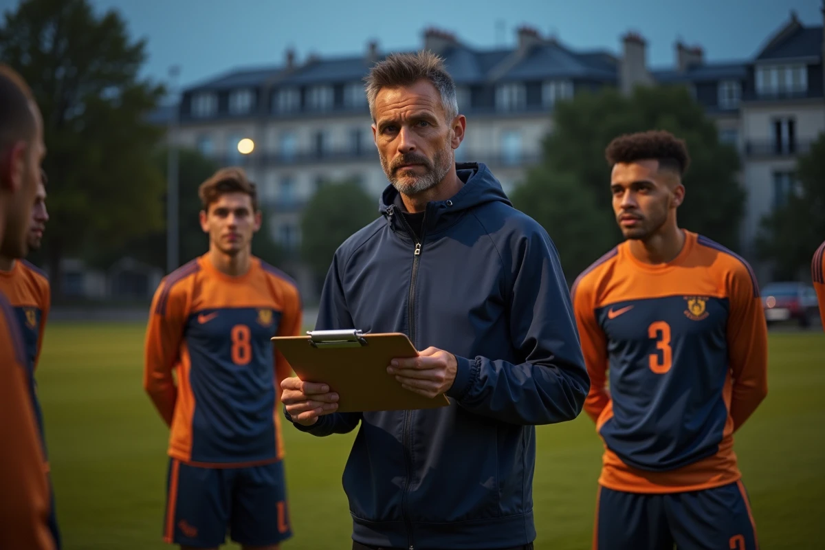 Entraîneur avec équipe lors d’un entraînement en soirée à Paris