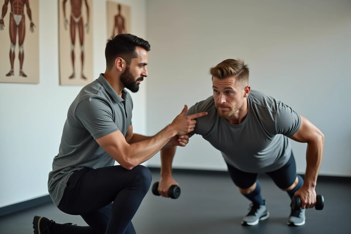 Coach personnel guidant un client lors d'une pompe lestée en studio de fitness, montrant la bonne position des épaules pour éviter les blessures