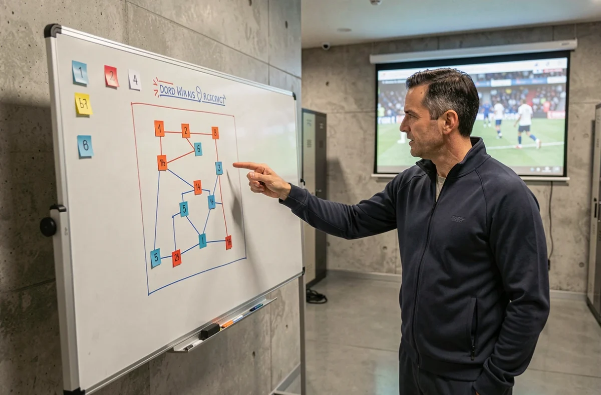 Entraîneur du PSG analysant la tactique en salle de réunion avant un match de Ligue des champions