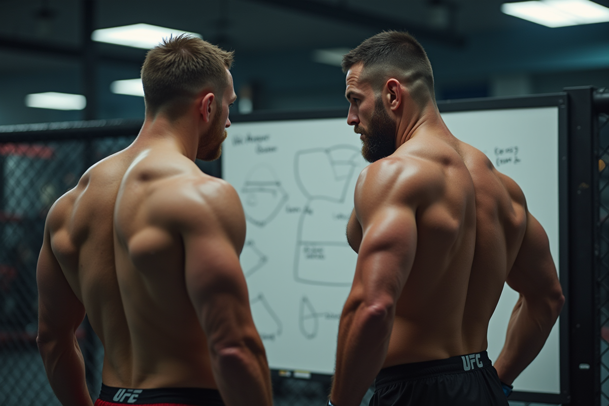 Deux combattants de MMA musclés en entraînement dans une salle lumineuse