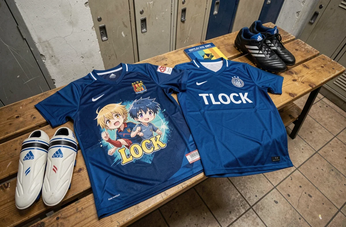 Comparaison entre un maillot Blue Lock et un maillot de club officiel posés sur un banc de vestiaire de football amateur