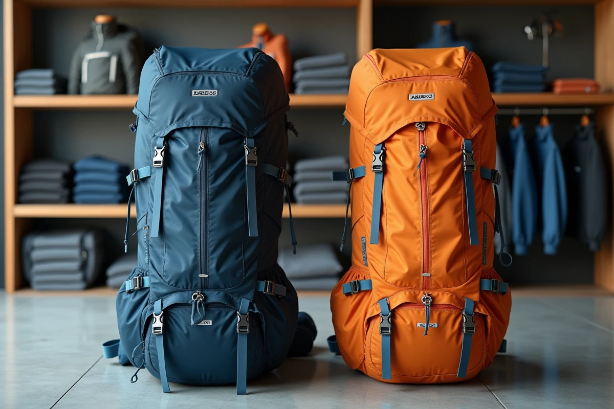 Deux sacs à dos de trekking 70L côte à côte dans un magasin de matériel outdoor pour comparaison