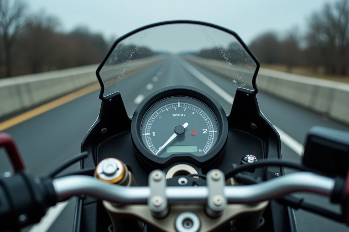 Compteur de vitesse de l'Aprilia RS 125 en gros plan, aiguille proche du maximum sur autoroute