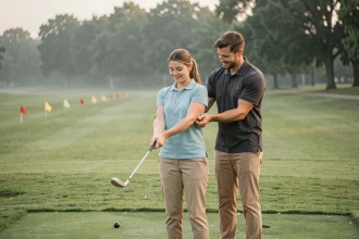 Couple de débutants apprenant le swing de golf ensemble sur un practice, partenaire aidant à corriger la prise en main du club
