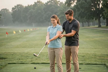 Couple de débutants apprenant le swing de golf ensemble sur un practice, partenaire aidant à corriger la prise en main du club