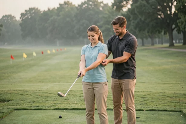 Couple de débutants apprenant le swing de golf ensemble sur un practice, partenaire aidant à corriger la prise en main du club