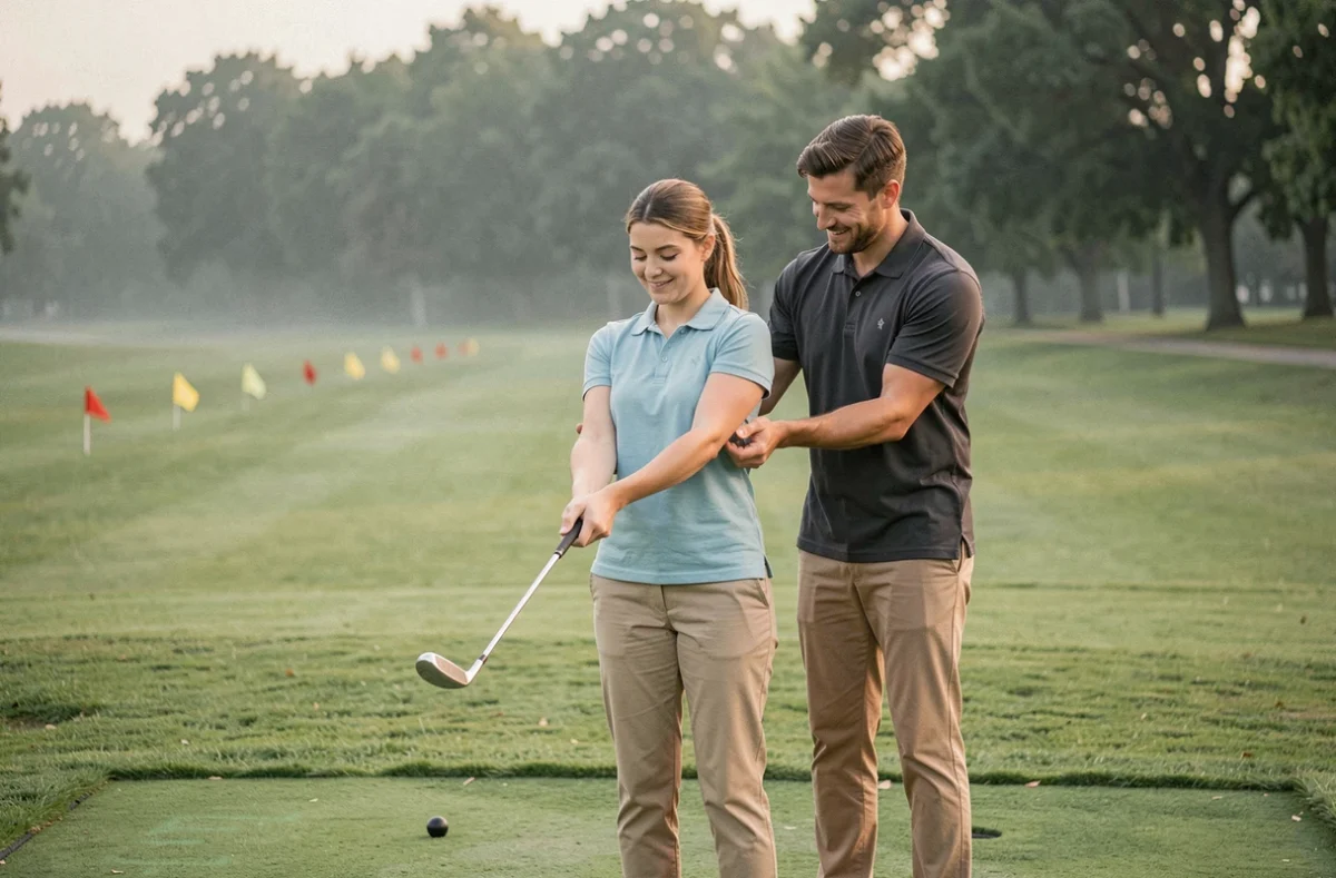 Couple de débutants apprenant le swing de golf ensemble sur un practice, partenaire aidant à corriger la prise en main du club