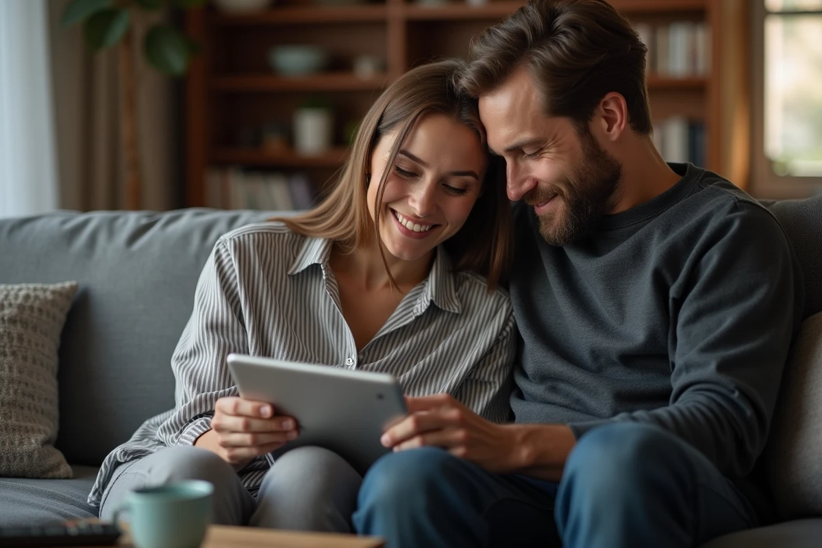 Couple regardant un match de football sur tablette dans un salon, illustrant la vie personnelle et privée liée à universfootball.fr