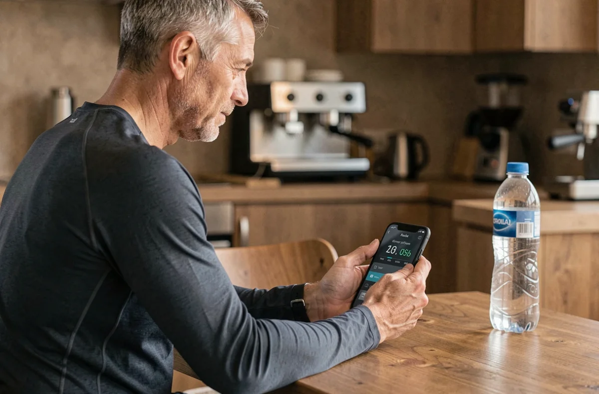 Coureur utilisant une application calculateur kilomètre heure sur smartphone avant son entraînement